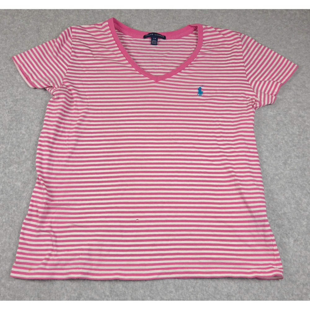 Ralph Lauren Pink White Striped V-Neck T-Shirt Womens Large Blue Pony Logo